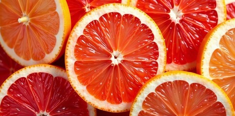 Close up of sliced grapefruits with water droplets for a refreshing summer concept, fruit, fresh
