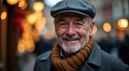 Portrait of a happy senior man smiling outdoors at night with warm, festive lights in the background.