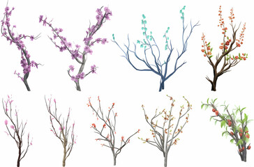 Fototapeta premium Collection of artistic tree branches in various states of bloom showcasing springtime beauty in a vibrant display