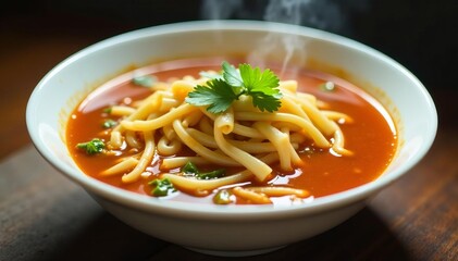 Close-up of steaming hot Asian soup with noodles and vegetables in white bowl, bowl, hot