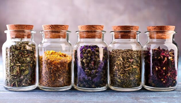 "Set of Herbal Tea Blends in Glass Jars with Dried Herbs"