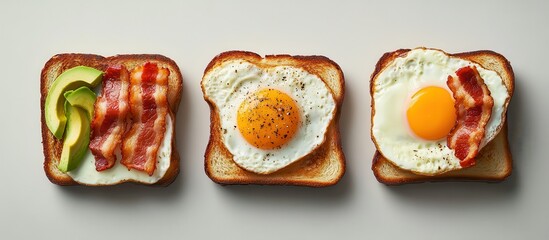 Delicious Breakfast Spread with Crispy Bacon, Fresh Avocado Slices, and Sunny Side Up Eggs Served on Toasted Bread for a Perfect Morning Meal