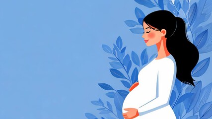Delightful illustration showcasing a happy pregnant woman surrounded by blue leaves, celebrating motherhood and family joy.
