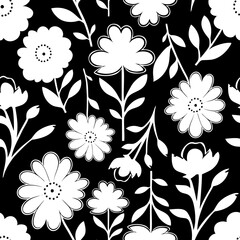 seamless white graphic floral pattern on black background, texture