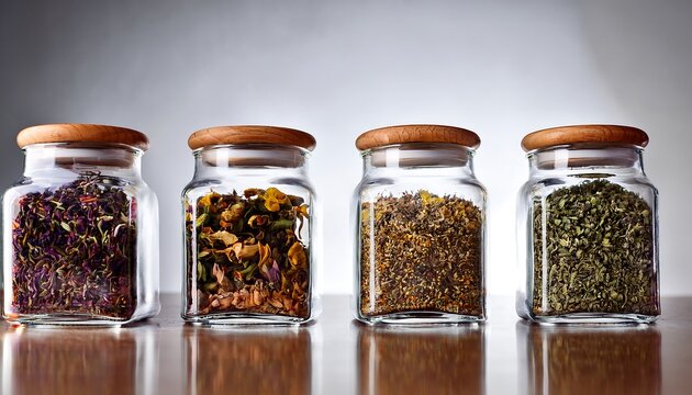 "Set of Herbal Tea Blends in Glass Jars with Dried Herbs"
