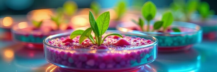 Close-up of tissue cultures growing in petri dishes under sterile conditions in a lab, growth media, microbiology