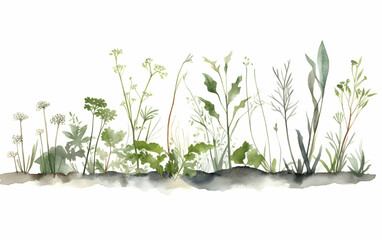 Fototapeta premium Nature-inspired watercolor artwork featuring various plants and herbs in a serene garden setting during daytime