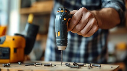 A close-up of an Asian man's hand holding a cordless electric screwdriver, with scattered screws in the background as he assembles furniture at home--featuring iron and wood screws