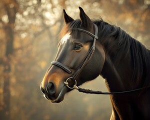 Obraz premium A close-up portrait of a majestic horse in a softly lit forest setting, showcasing its beautiful features and calm demeanor. A perfect representation of elegance in nature.