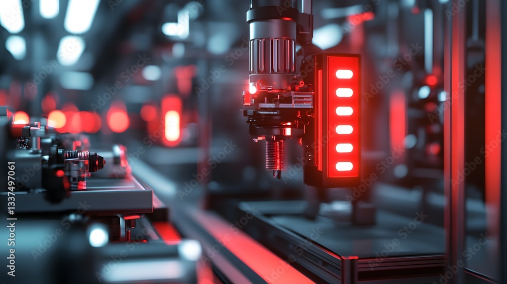 Poster a close-up view of advanced machinery in a modern factory, featuring robotic arms and illuminated co
