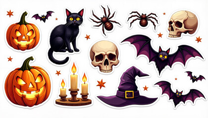 Fototapeta premium Sticker with detailed Halloween elements including jack-o’-lanterns, black cat, spiders, and skulls, vibrant spooky design concept