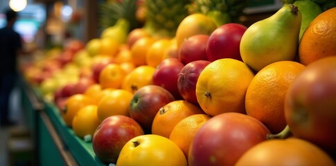 Close-up of vibrant tropical fruits on display at Asian market, tropical, fruit