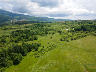 Obraz premium Aerial view of Vitosha Mountain near Village of Rudartsi, Bulgaria
