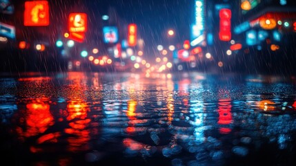 Rainy Night Cityscape: Neon Reflections on Wet Asphalt