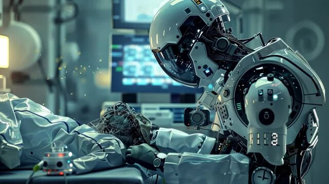 Advanced robot interacts with patient in futuristic medical facility at night