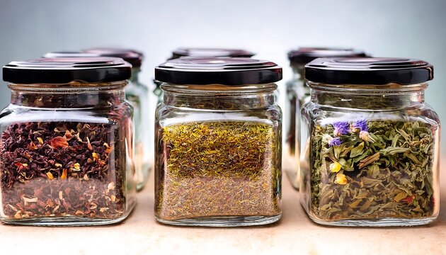 "Set of Herbal Tea Blends in Glass Jars with Dried Herbs"