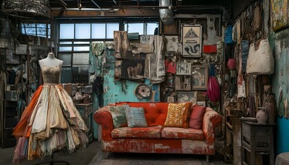 A creative workspace featuring an artistic dress mannequin and a vibrant vintage couch amidst eclectic decor. This lively environment inspires creativity and artistic expression.