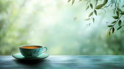 Enjoying Hot Tea Cup with Nature Background for Relaxing Morning