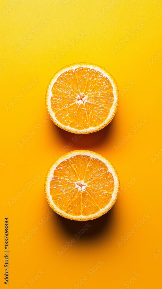 Poster two halves of a juicy orange are placed on a vibrant yellow background, creating a visually appealin
