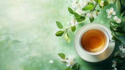 Cup of Green Tea with White Flowers on Pastel Background