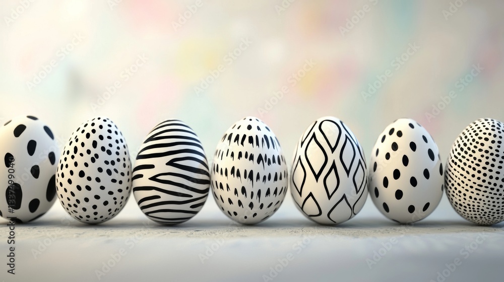 Poster seven white eggs decorated with black patterns are standing on a white surface with a light and colo