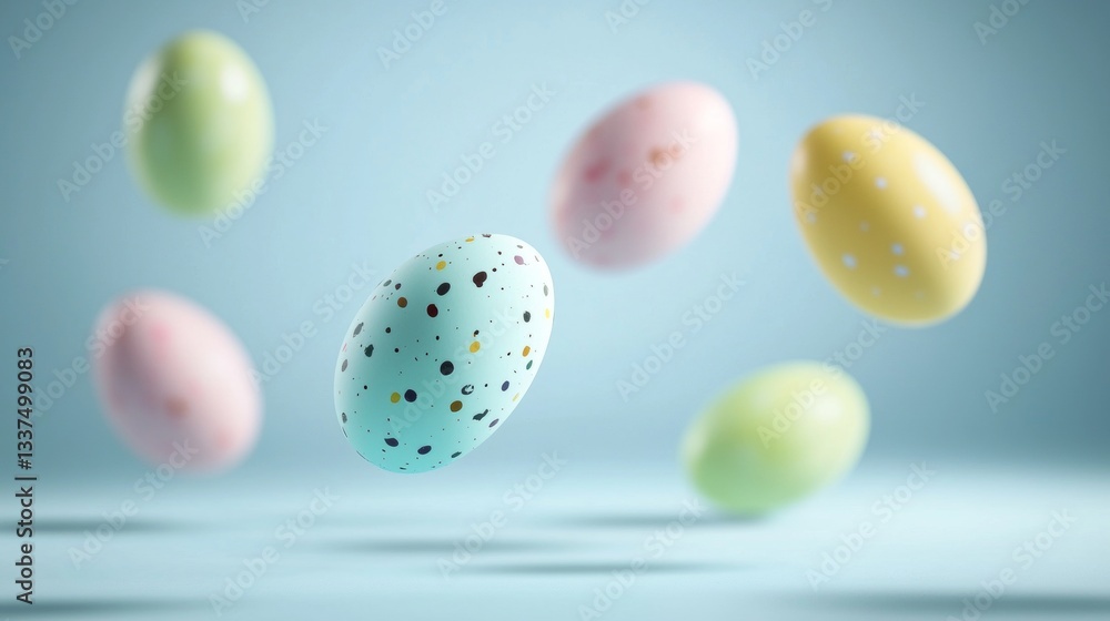 Poster pastel-colored easter eggs with various patterns are floating against a light blue background, creat