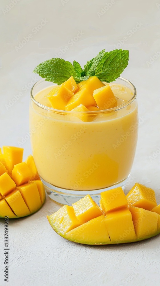Poster glass of refreshing mango smoothie is garnished with fresh mango cubes and mint leaves and presented