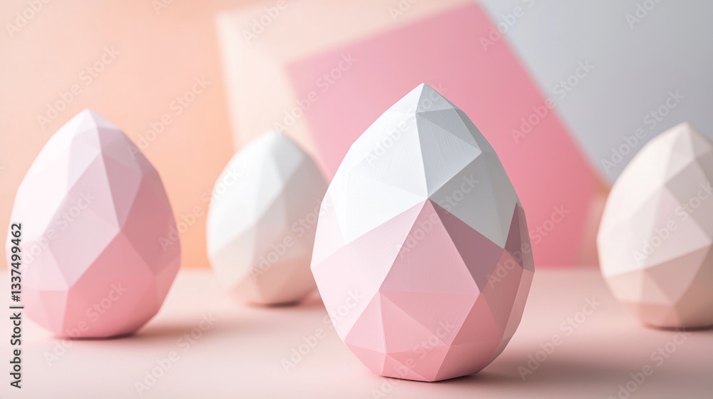 Poster four polygonal easter eggs in soft pink and white hues create a modern and minimalist easter scene o