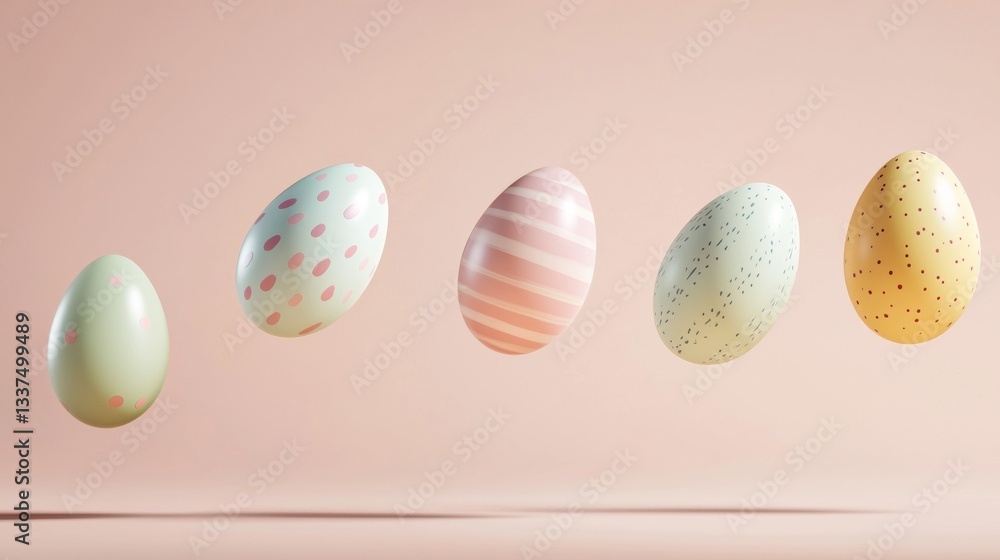 Poster five decorated easter eggs with various pastel patterns are floating against a matching pastel pink 