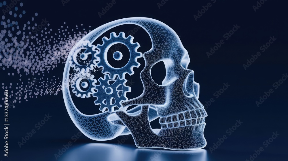 Poster 3d gears in head digital low poly wireframe. engineering, mechanical technology or symbol of thinkin