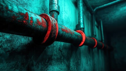 A close-up view of industrial pipes with rust and vibrant colors, set against a textured wall, This photo can be used for construction, plumbing, or abstract art themes in marketing materials,