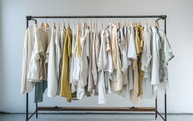 A modern clothing rack displaying a variety of stylish and neutral-colored garments. The collection features shirts, blouses, and dresses, perfect for a minimalist wardrobe.
