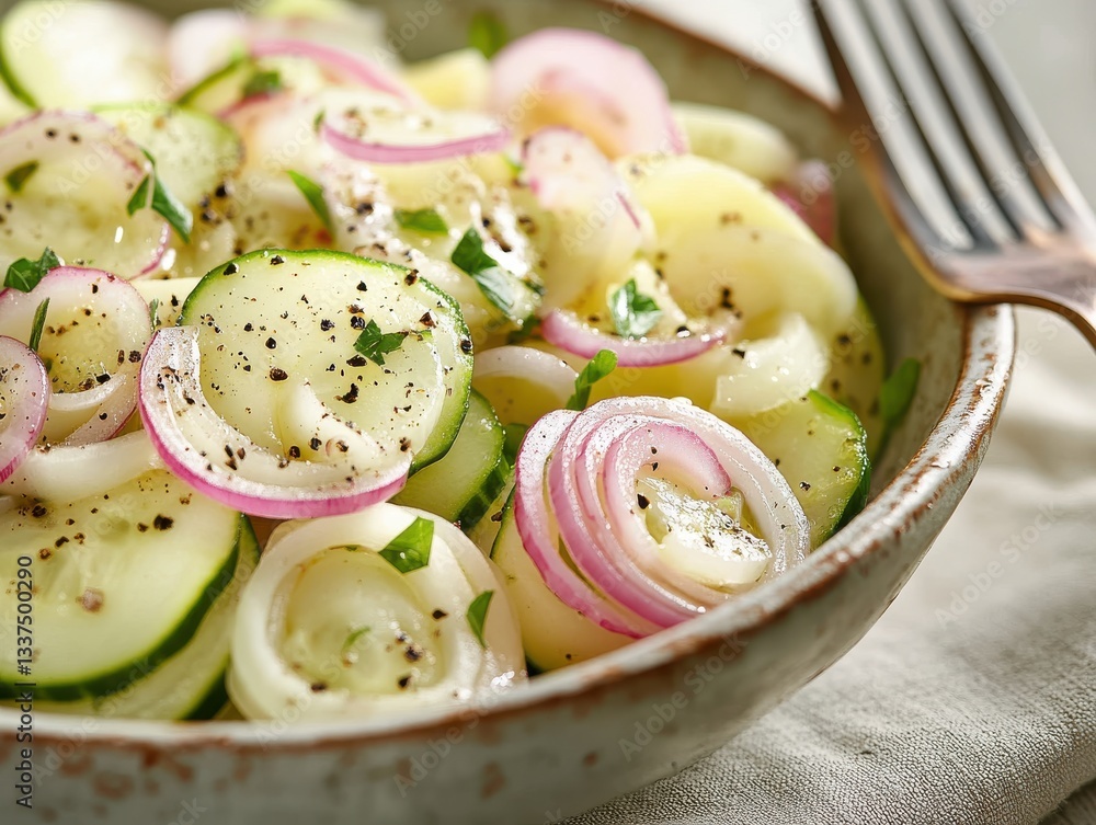 Poster fresh and colorful cucumber and onion salad with herbs and spices served in a rustic bowl on a neutr