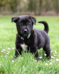 Portrait of an adorable puppy dog in spring