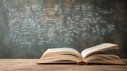 An open book rests on a wooden table, with mathematical equations and diagrams sketched on a chalkboard in the background, Ideal for educational content, tutoring resources, or study materials,