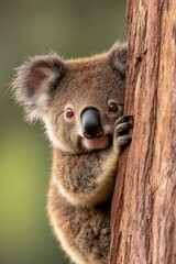 Fototapeta premium A cute koala peeks out from behind a tree, showcasing its fluffy fur and expressive eyes, perfect for wildlife articles, educational materials, or environmental awareness campaigns,