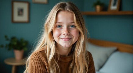 Portrait of a smiling preteen girl with long blonde hair sitting in her bedroom.