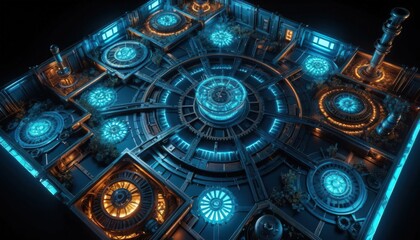 Fototapeta premium Futuristic Cyberpunk Cityscape Aerial View Glowing Neon Lights Complex Mechanical Design