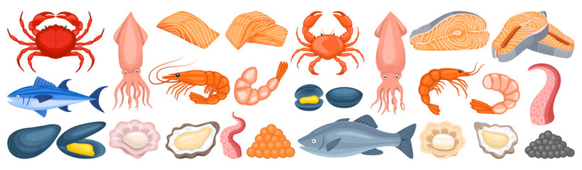 Seafood illustration vector bundle. Seafood vector cartoon set icon.Vector illustration icon fish food on white background. Seafood illustration vector bundle