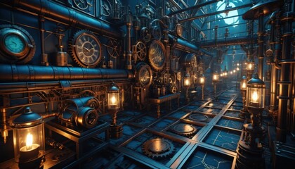 Obraz premium Steampunk Corridor Intricate Clockwork Mechanisms and Glowing Lanterns in a Dark Industrial Setting