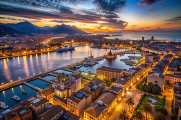 Fototapeta premium 4K Aerial Night View of Palermo, Sicily Port City - Panoramic Low Light Photography