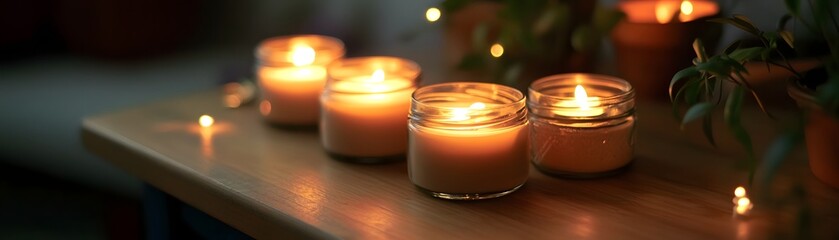 A serene ambiance created by a collection of lit candles on a wooden table. The soft glow and flickering flames evoke feelings of warmth, relaxation, and tranquility in any space.