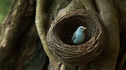 A high-definition close-up of a bird's nest cradled by intertwining branches
