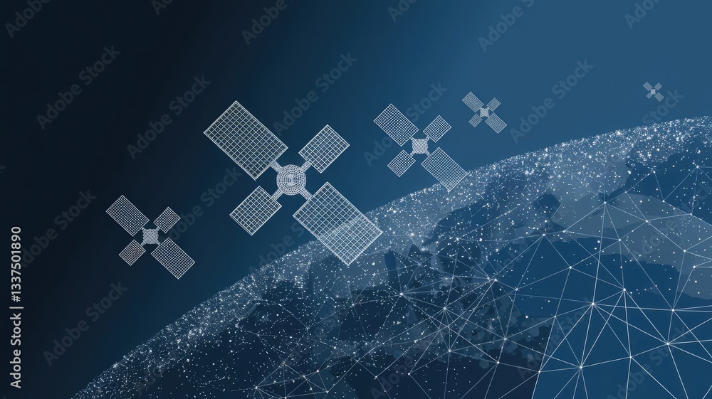 Poster 3d satellites and laptop digital low poly wireframe. satellite network technology, global internet c
