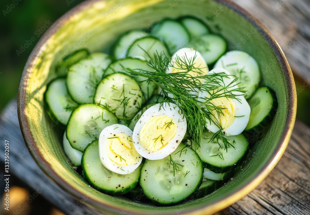 Poster fresh and healthy cucumber salad with soft boiled eggs topped with dill in a rustic bowl on a wooden