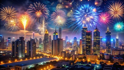 Obraz premium 2025 Happy New Year Celebration: Sparkling Fireworks & Cityscape at Night