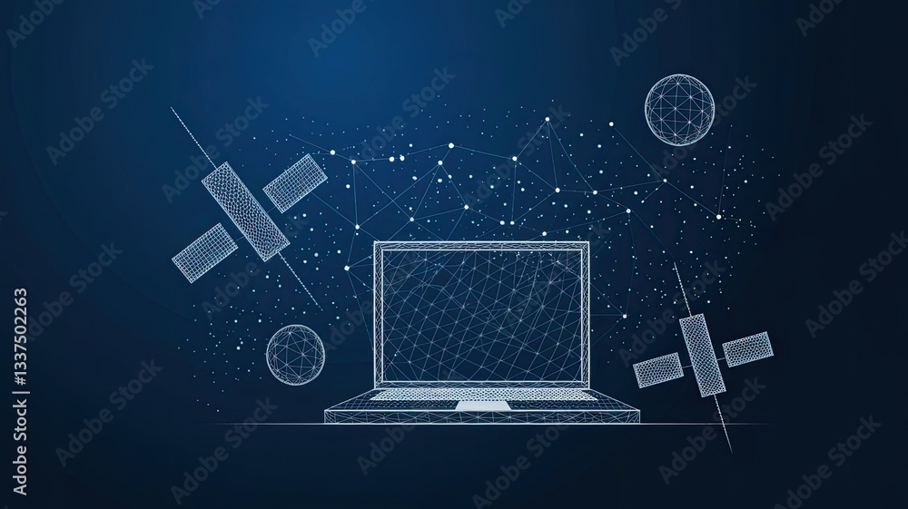 Poster 3d satellites and laptop digital low poly wireframe. satellite network technology, global internet c