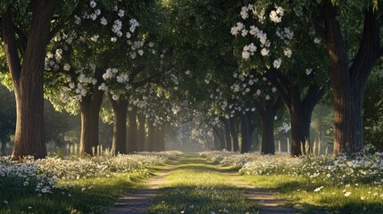 Obraz premium A peaceful avenue with ancient oak trees forming a natural tunnel and wildflowers at the edges