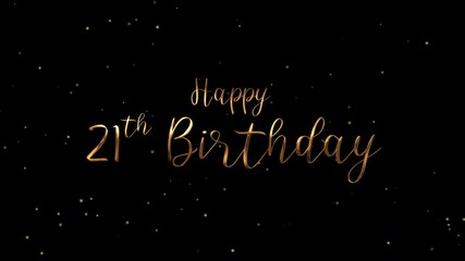 Gold happy 21st birthday greeting on a black background, perfect for celebratory designs, party invitations, and milestone celebrations.