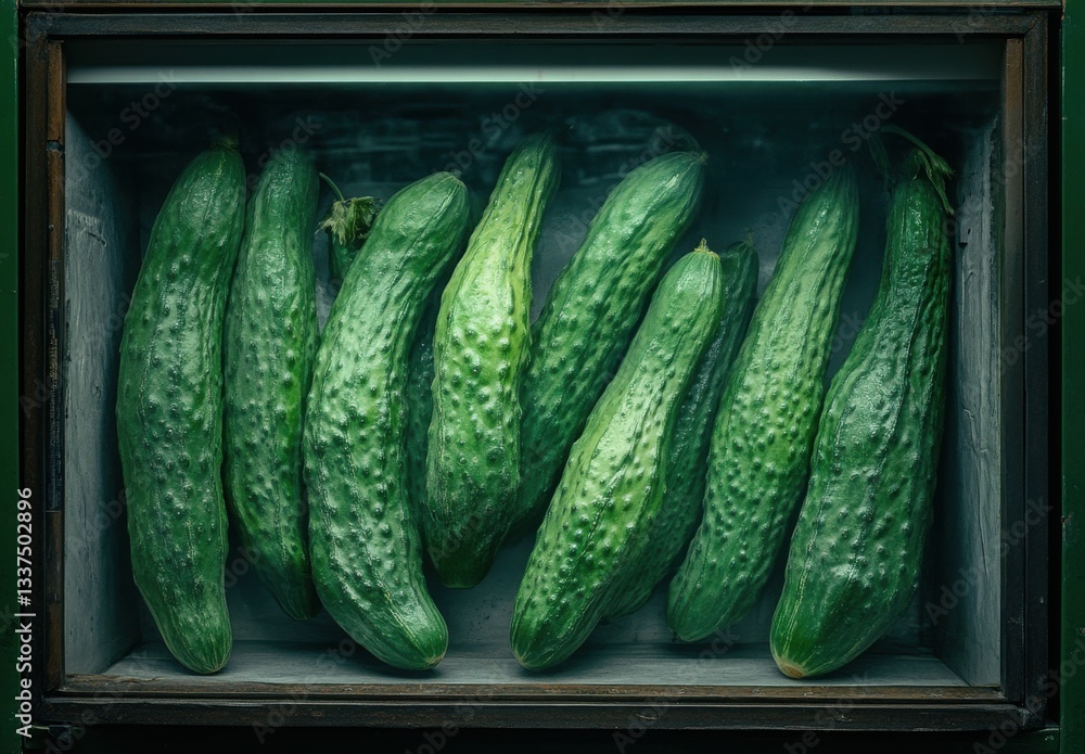 Aufkleber fresh and vibrant cucumbers displayed neatly in a wooden crate ready for culinary use or market sale